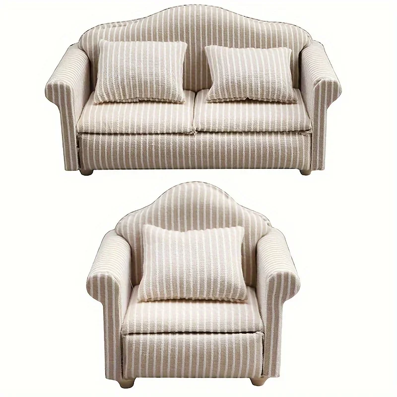 Sofá mini beige para casa de muñecas con cojines - imagen 5