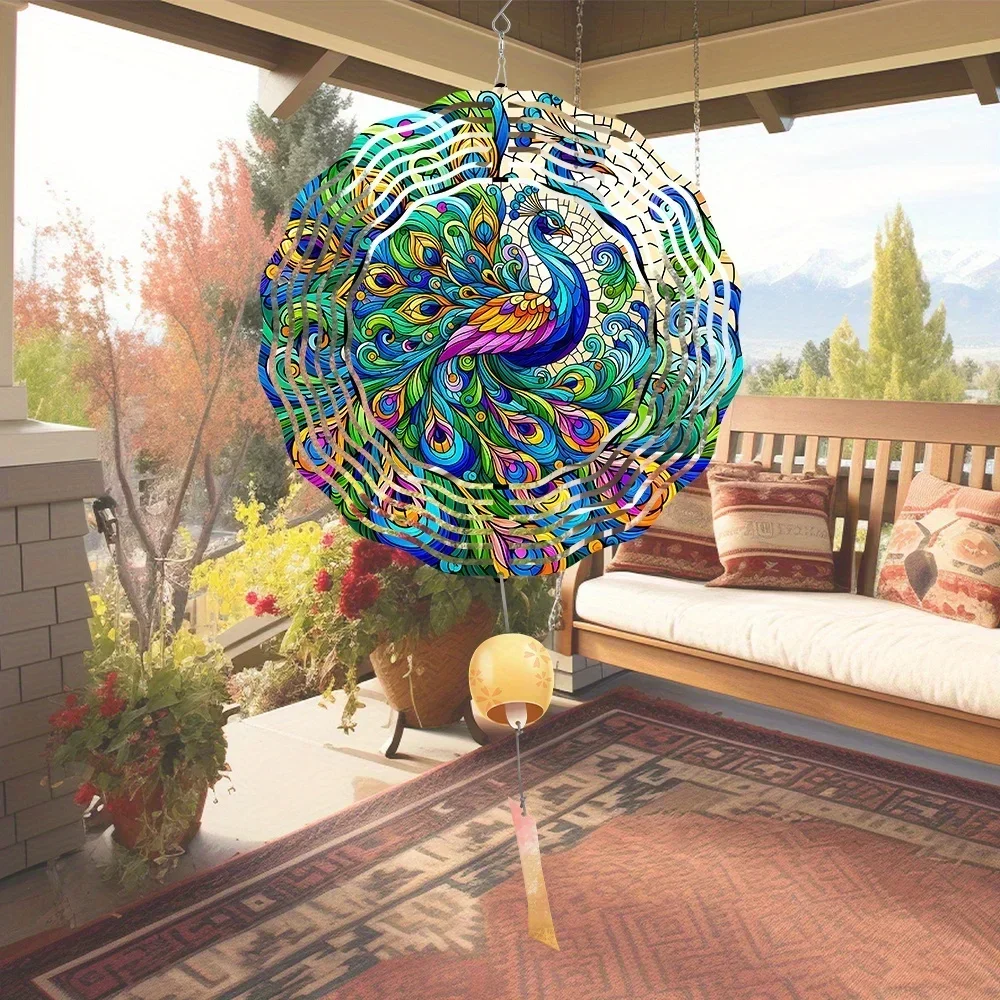 Campana de viento metálica con pavo real giratorio para jardín - imagen 3