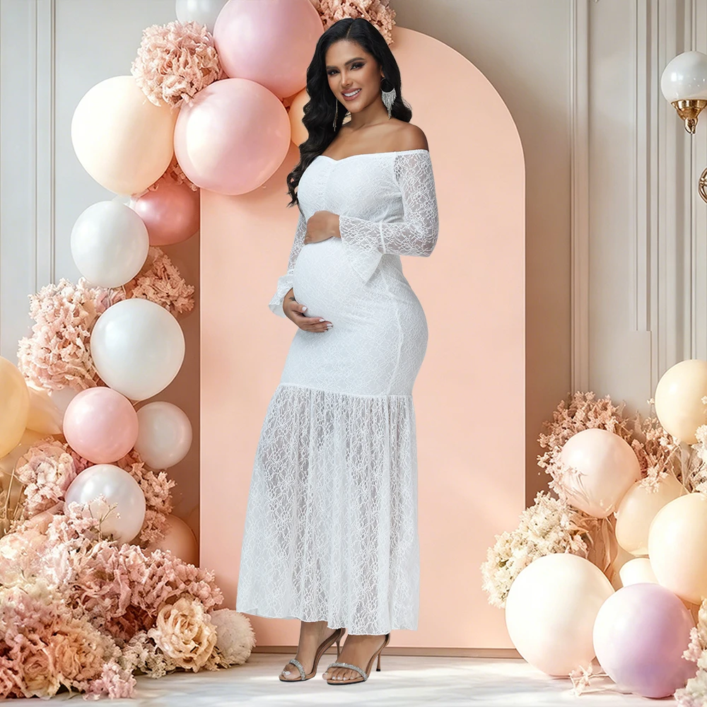 Vestido de maternidad elegante con hombros descubiertos y volantes - imagen 5