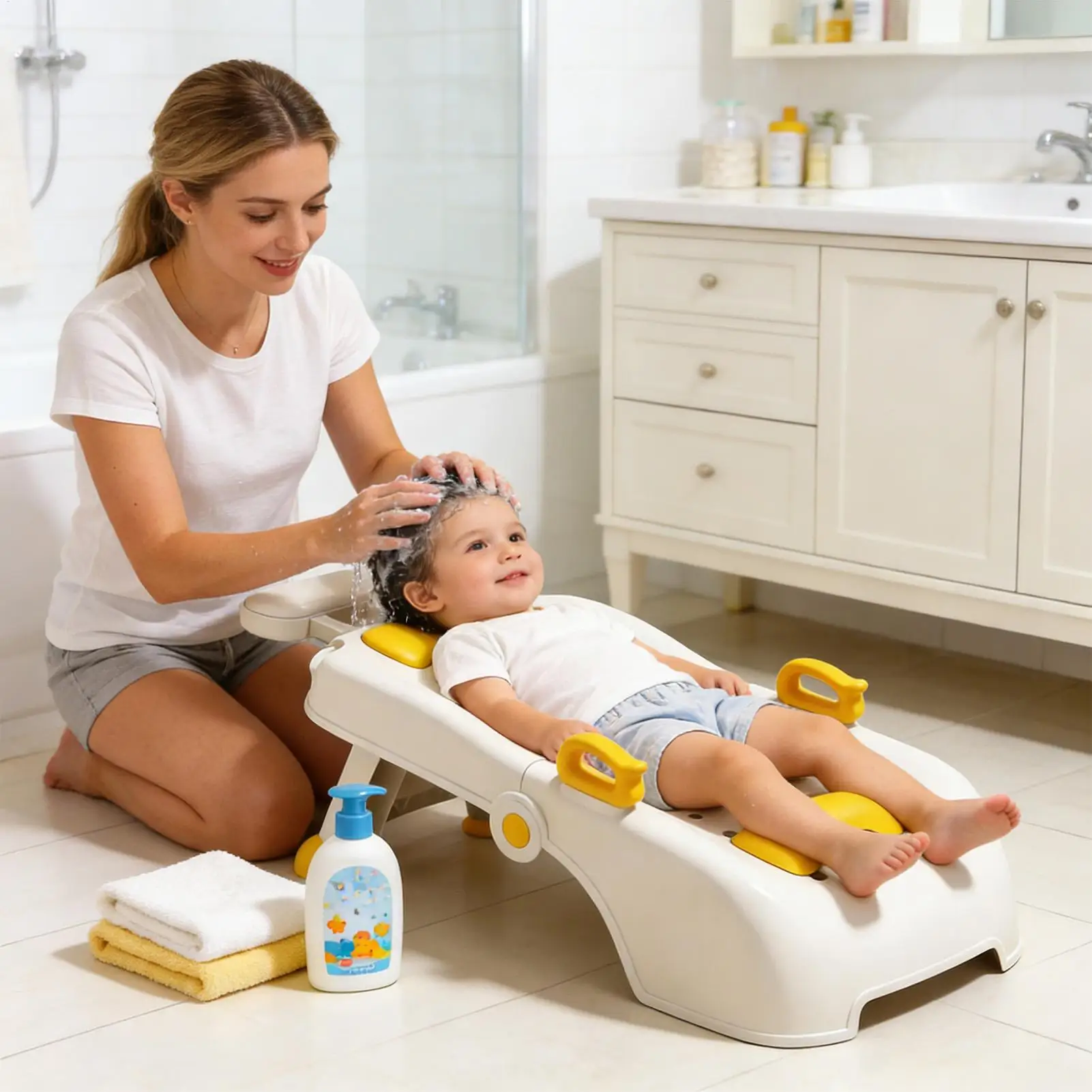 Detalle del soporte y forma del asiento para lavado infantil