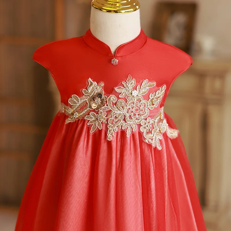 Vestido verano niña rojo con bordado floral transpirable