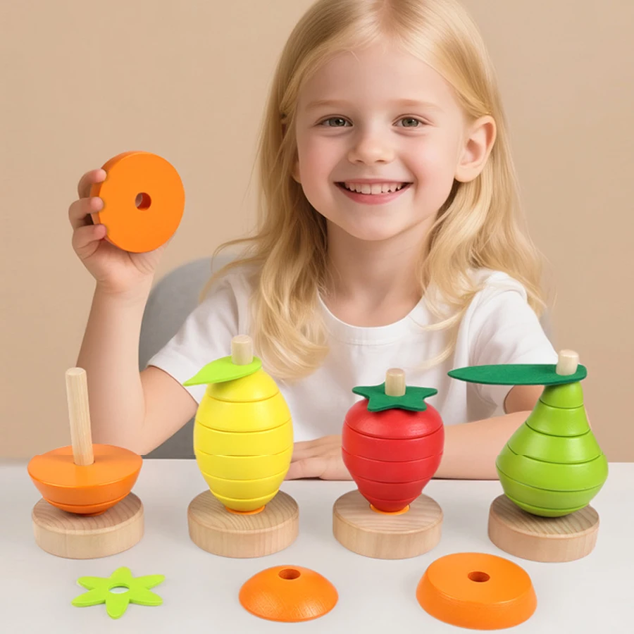Juguete Montessori de madera con frutas apilables para aprender lógica - imagen 4