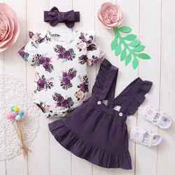 Conjunto bebé niña: mono floral con falda de tirantes y diadema