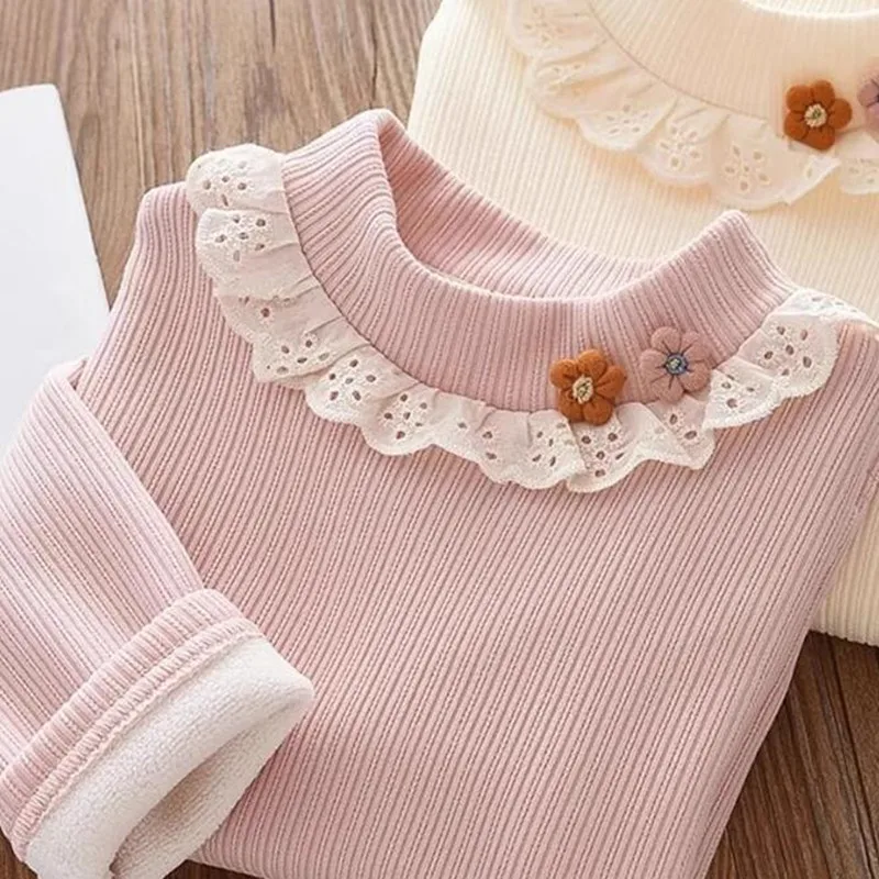 Jersey cuello alto cálido de invierno para bebé con flores de encaje - imagen 5