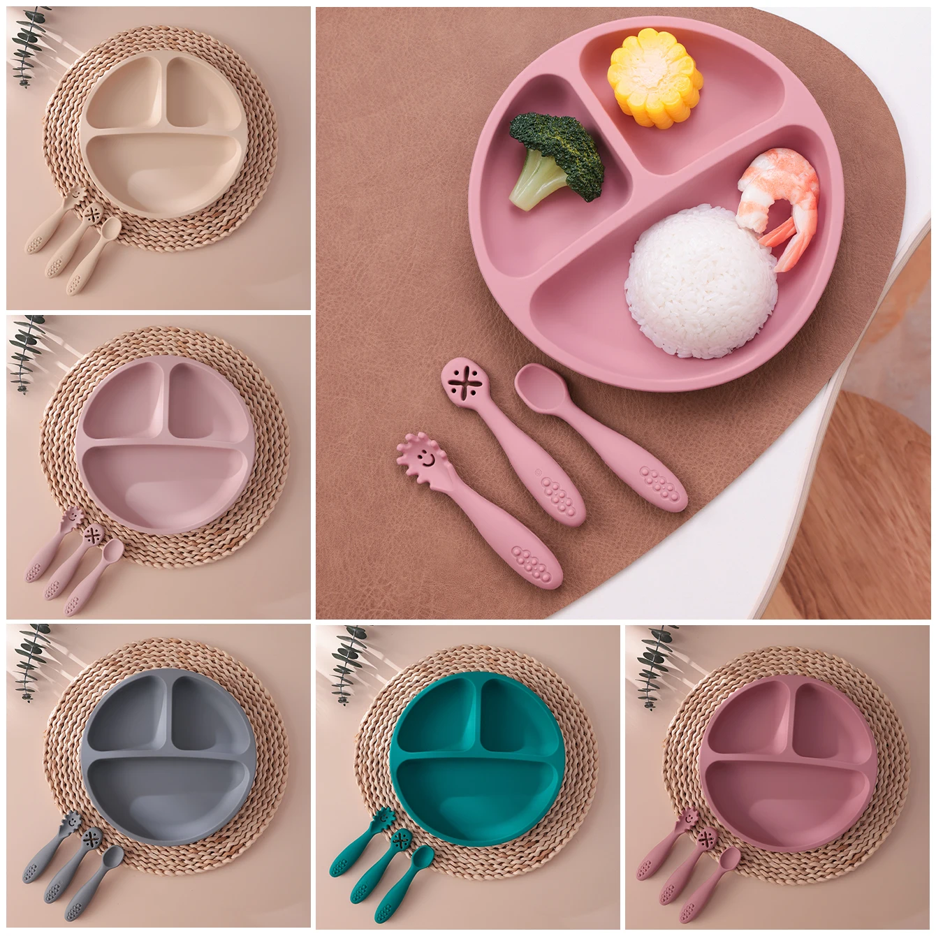Juego alimentación bebé silicona plato succión utensilios entrenamiento - imagen 2