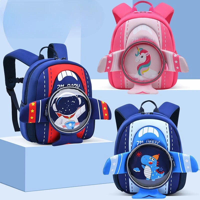Mochila escolar azul con diseño de avión para niños de guardería