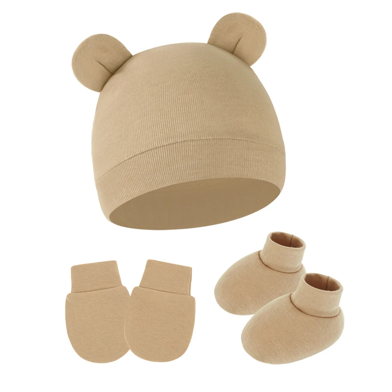 Conjunto recién nacido de algodón con osito caramelo: gorro y guantes - imagen 3