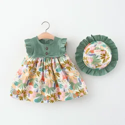 Vestido de verano de princesa sin mangas con flores y sombrero