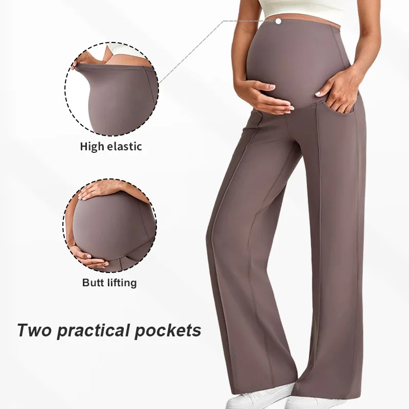 Pantalón de embarazo tiro alto perneras rectas amplias con bolsillos