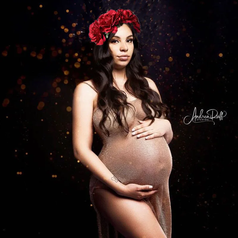 Vestido de maternidad dorado para sesión de fotos con bata - imagen 5