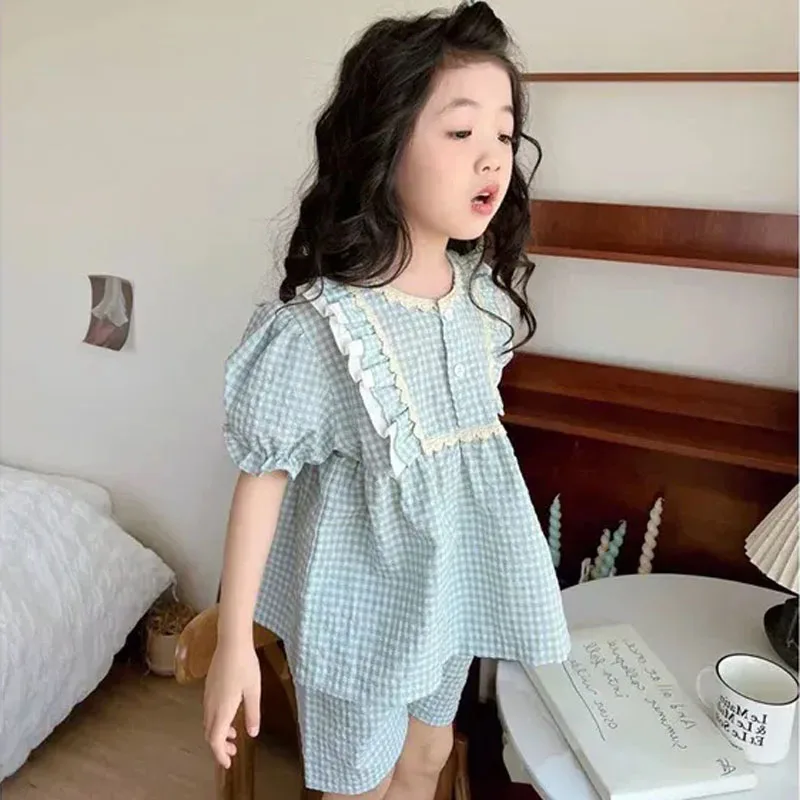 Pijama algodón a cuadros para niña – Conjunto fresco manga corta - imagen 4