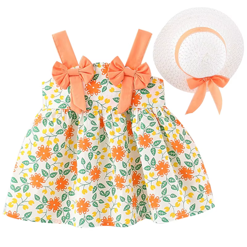 Vestido de princesa infantil con lazo y sombrero para niña verano - imagen 5