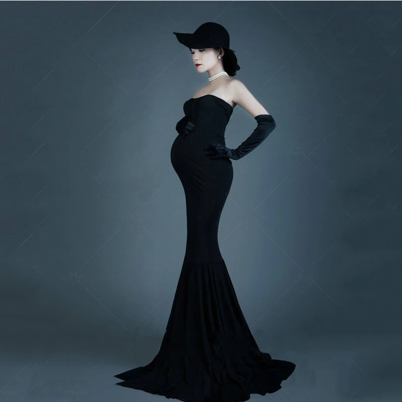 Vestido de maternidad negro un hombro sin mangas con cola para fotos - imagen 3