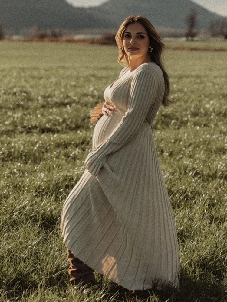 Vestido de maternidad maxi con cuello en V para otoño e invierno - imagen 3