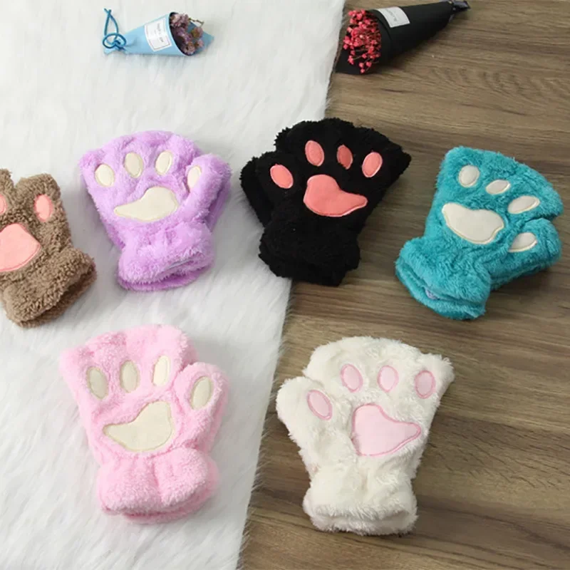 Kawaii Guantes medio dedo gato forro cálido niños – Invierno suave - imagen 2