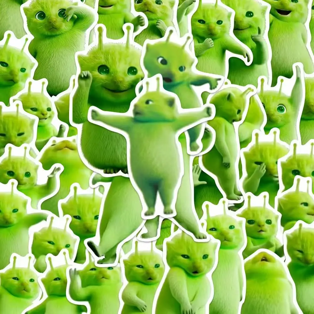 Pegatinas de gatos alienígenas verdes de dibujos animados