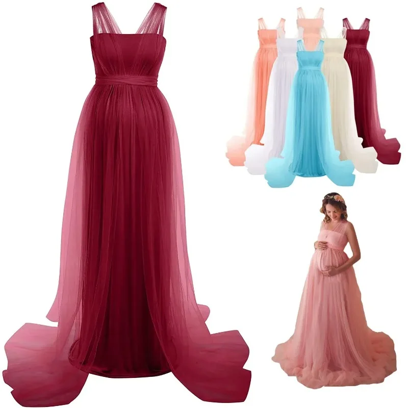 Vestido largo embarazo con tul para sesiones de maternidad - imagen 2