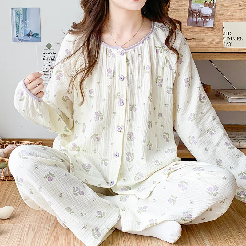 Pijama de lactancia de algodón puro con gasa floral doble capa - imagen 4
