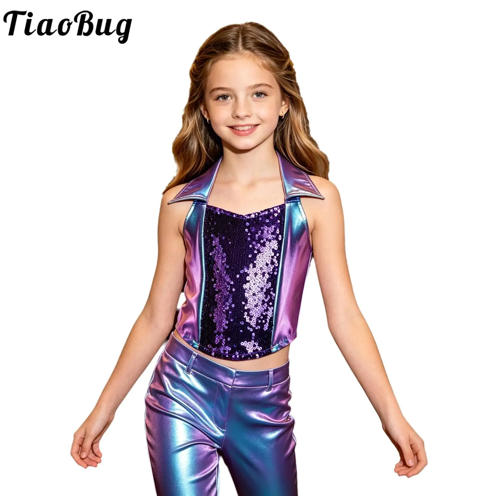 Top corto de lentejuelas para niña – Estilo disco sin mangas - imagen 3