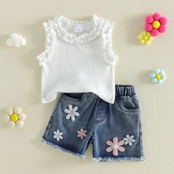 Conjunto de verano niña con volantes sin mangas y cortos vaqueros bordados