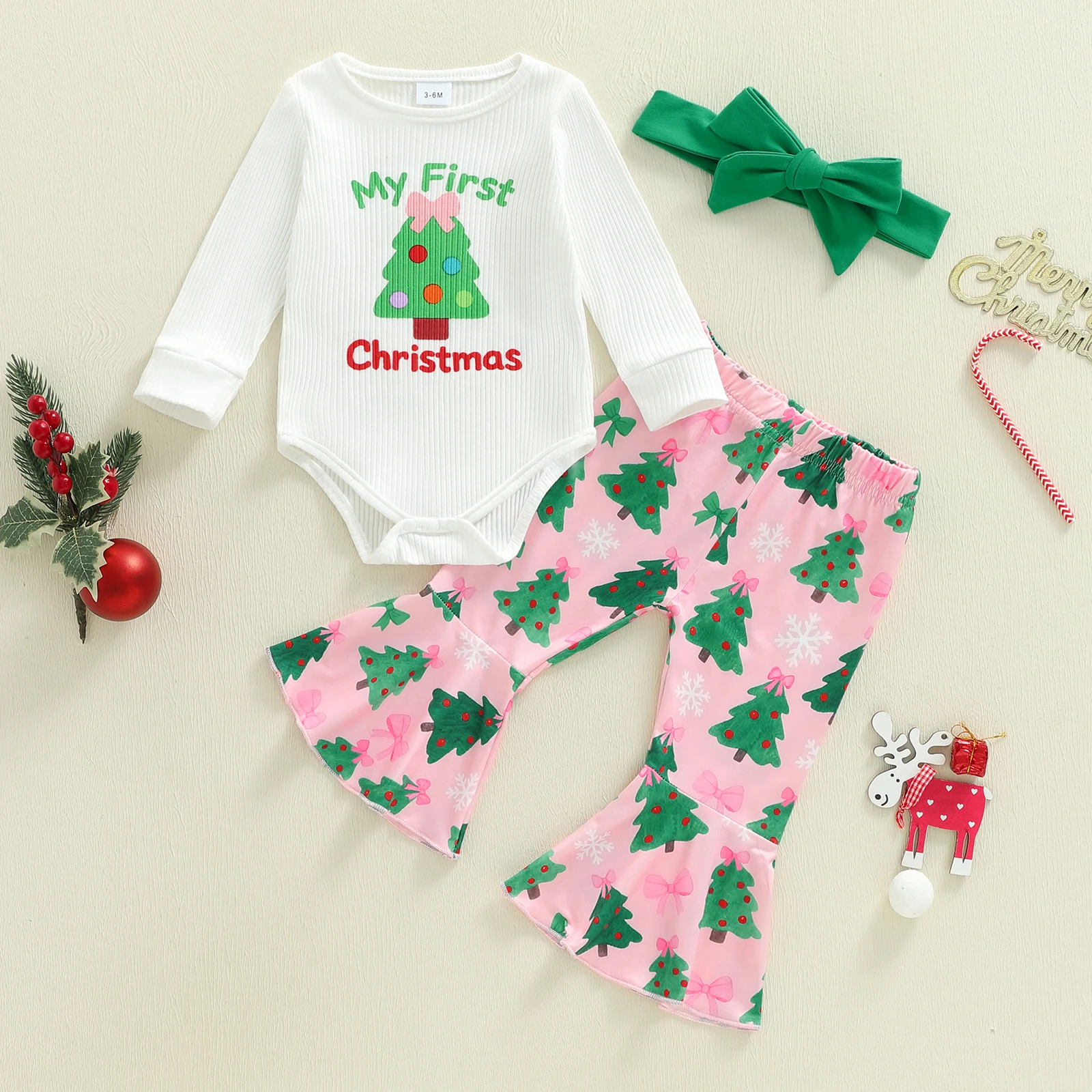 Tregren conjunto de Navidad para bebé niña con mameluco y diadema - imagen 2