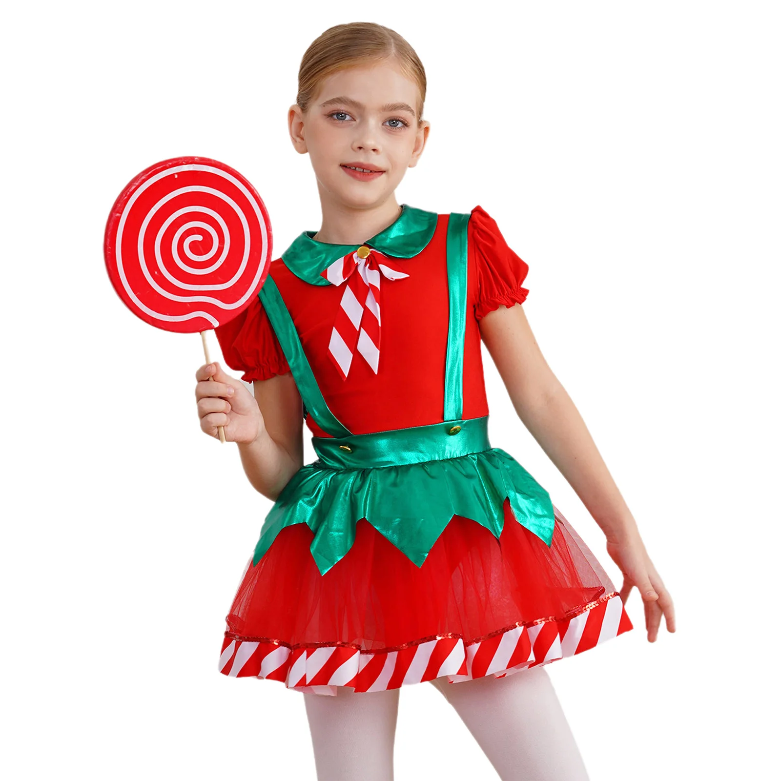 Disfraz de elfo navideño para niñas con tutú a rayas y lazo - imagen 3