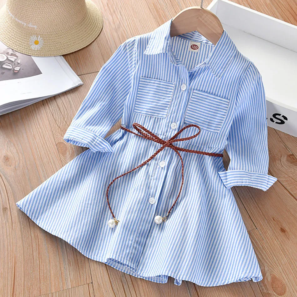 Vestido niña camisé de rayas con cinturón para primavera y otoño - imagen 4