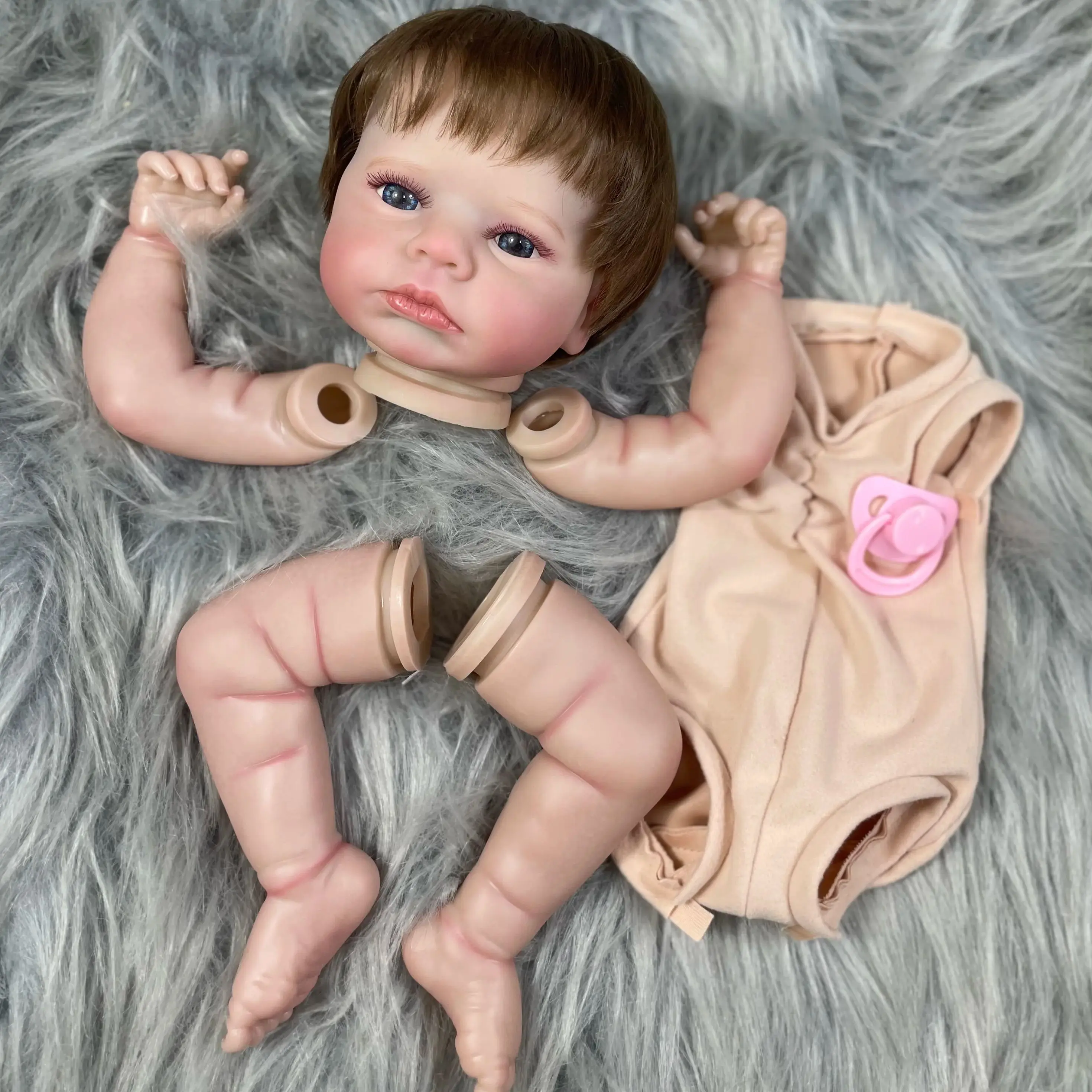 Kit de bebé Reborn pintado con ojos azules abiertos y pelo enraizado - imagen 4