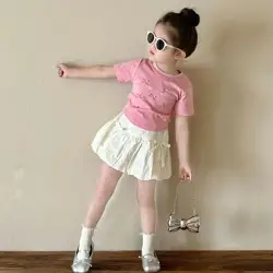 Conjunto bebé blusa lazo y camiseta manga corta verano