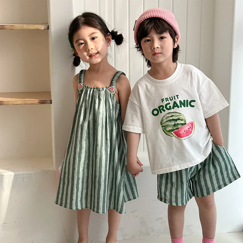 Conjunto verano niños camiseta y shorts rayas algodón + vestido tirantes - imagen 4