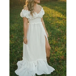 Vestido de maternidad bohemio con volantes y hombros descubiertos