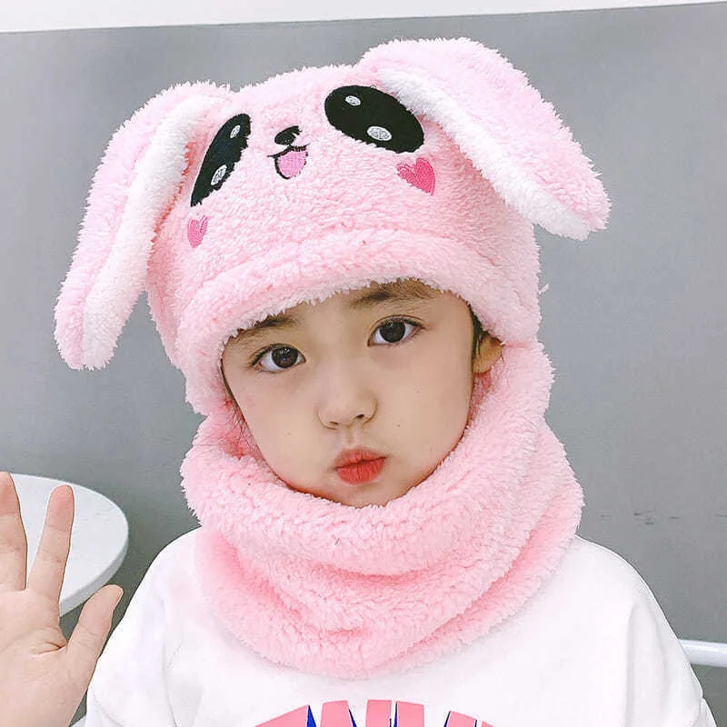 Gorro de terciopelo coral con conejito animado y felpa para invierno - imagen 3