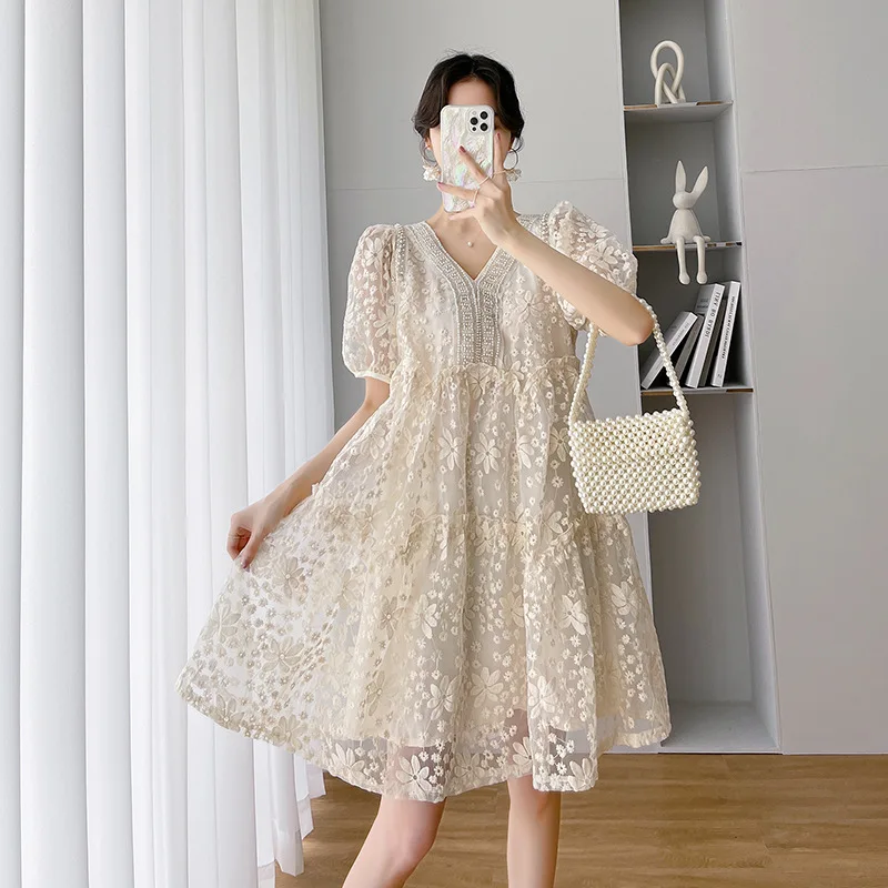 Vestido maternity verano – Encaje bordado manga corta elegante - imagen 2