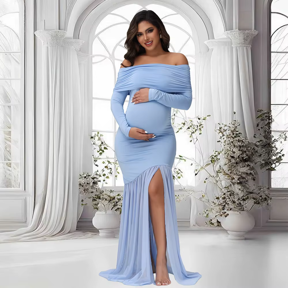 Vestido de maternidad con hombros descubiertos y cola de pez para fiesta