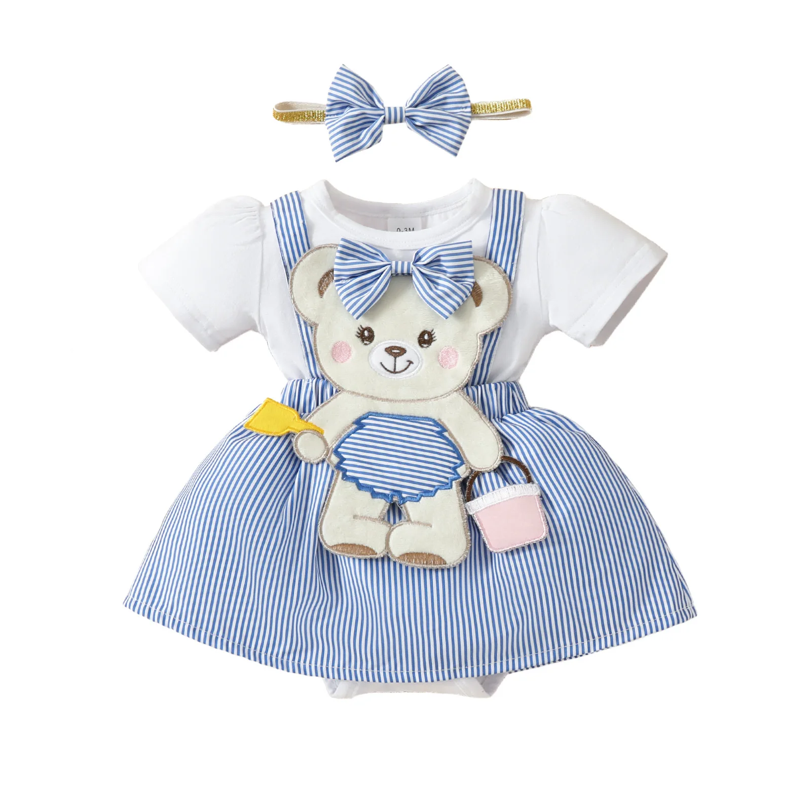 Falda de tirantes bordada con osito para bebé – vestido manga corta - imagen 5