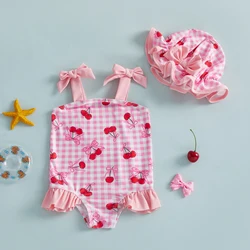 Bañador verano niña sin mangas con estampado fresa y gorro de baño