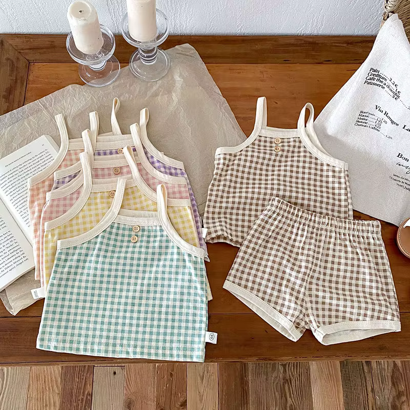 Conjunto verano algodón para bebé y niño – Camiseta y shorts a cuadros - imagen 3