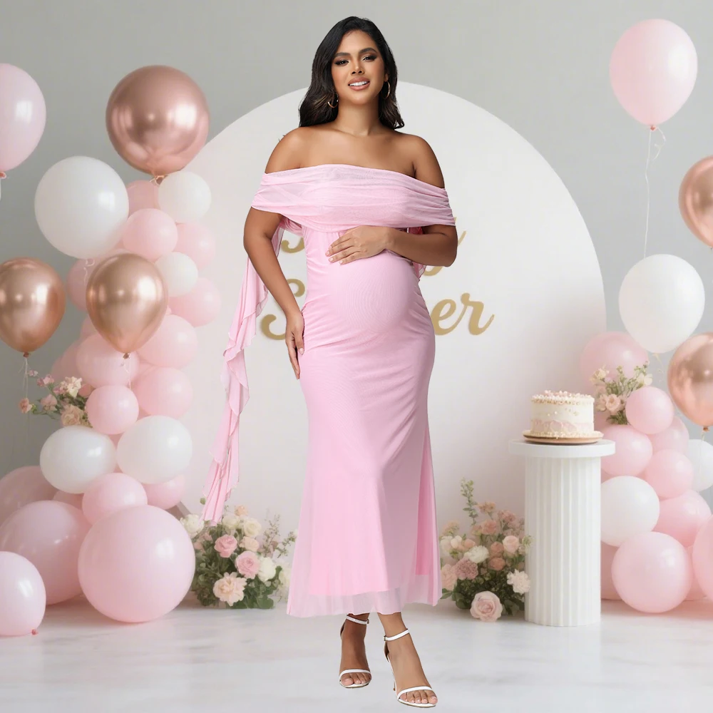 Vestido maternidad largo malla con hombros descubiertos y volantes