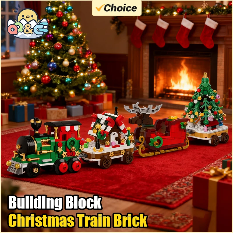 Bloques de construcción navideños con tren y trineo de Papá Noel