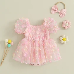 Pelele floral de tul para niña – Conjunto abullonado con diadema