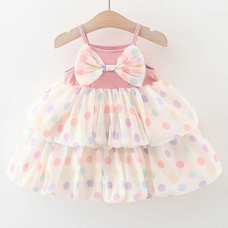 Vestido niña sin mangas en algodón con lazo estampado lunares