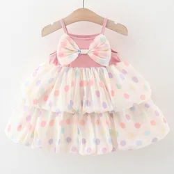 Vestido niña sin mangas en algodón con lazo estampado lunares