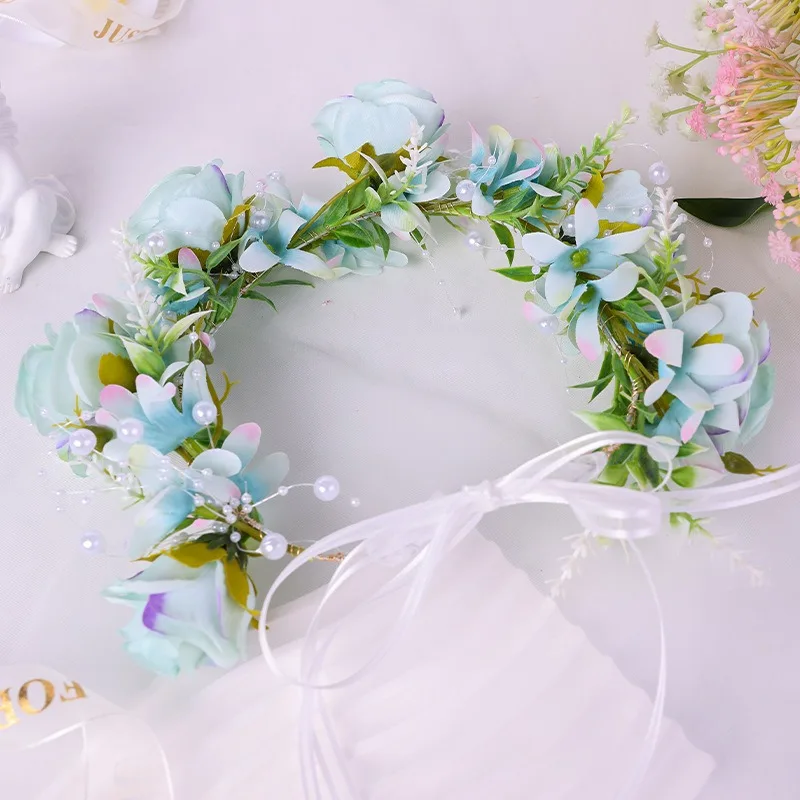 Diadema de flores para boda con corona hecha a mano y cuentas - imagen 4