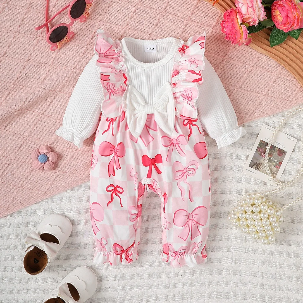 Pelele niña con lazo rosa - Manga larga para otoño