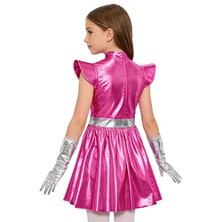 Disfraz de robot alienígena para niña con vestido metálico y guantes