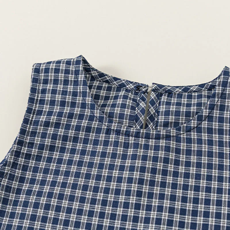 Vestido azul de cuadros sin mangas de algodón para niña - imagen 5
