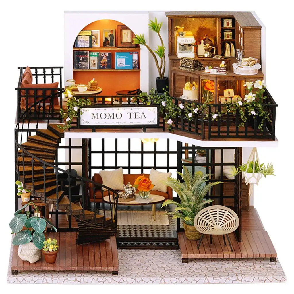 Casa de muñecas miniatura para manualidades con muebles y pilas AAA