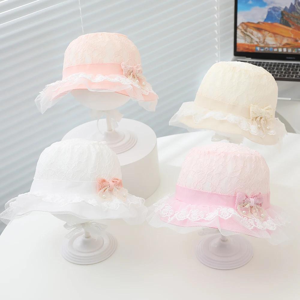 Sombrero de sol bebé con encaje y lazo de perlas para niñas - imagen 4
