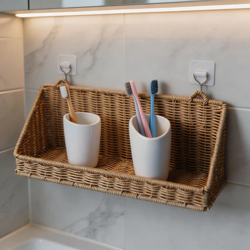 Cesta colgante de ratán tejida con ganchos para pared - imagen 3