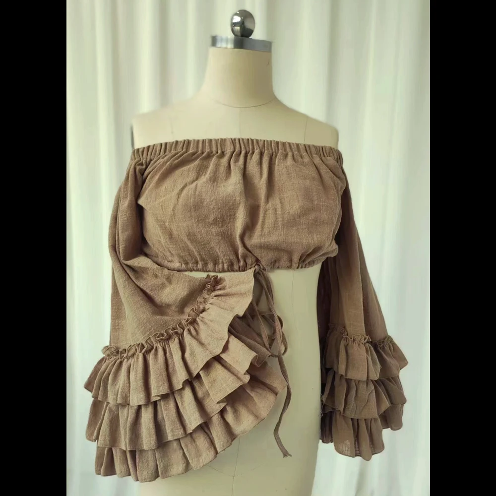 Vestido niña lino y algodón plisado con encaje manga larga estilo boho